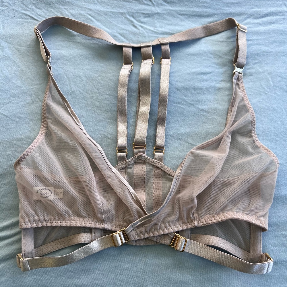 Sheer Strappy Bralette in Taupe size Small